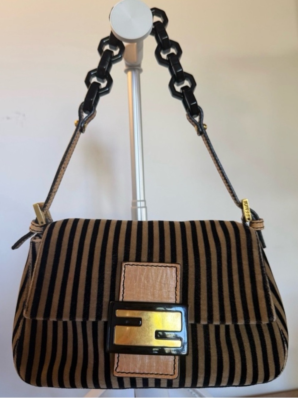 Vintage Fendi Baguette Shoulder Bag Striped Velvet Black Tan Rare